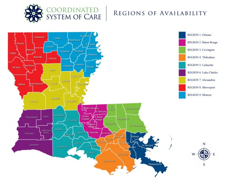 A map of Louisiana to show the different regions of care